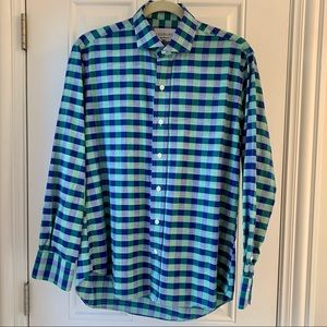 LEDBURY MENS BUTTON DOWN SHIRT 15.5”/33” BLUE & GREEN CHECKS